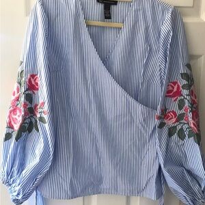 NWT Elegant Blue Striped Blouse with Floral Sleeves